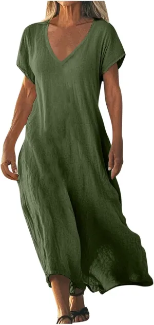 Womens Summer V Neck Short Sleeve Dresses Loose Boho Beach Flowy Midi Dress Lightweight Sundresses