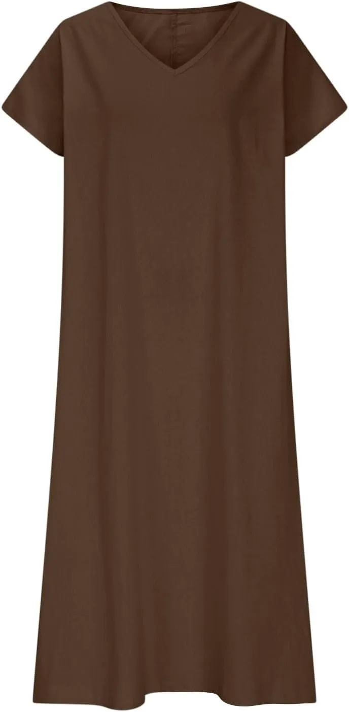 Womens Summer V Neck Short Sleeve Dresses Loose Boho Beach Flowy Midi Dress Lightweight Sundresses