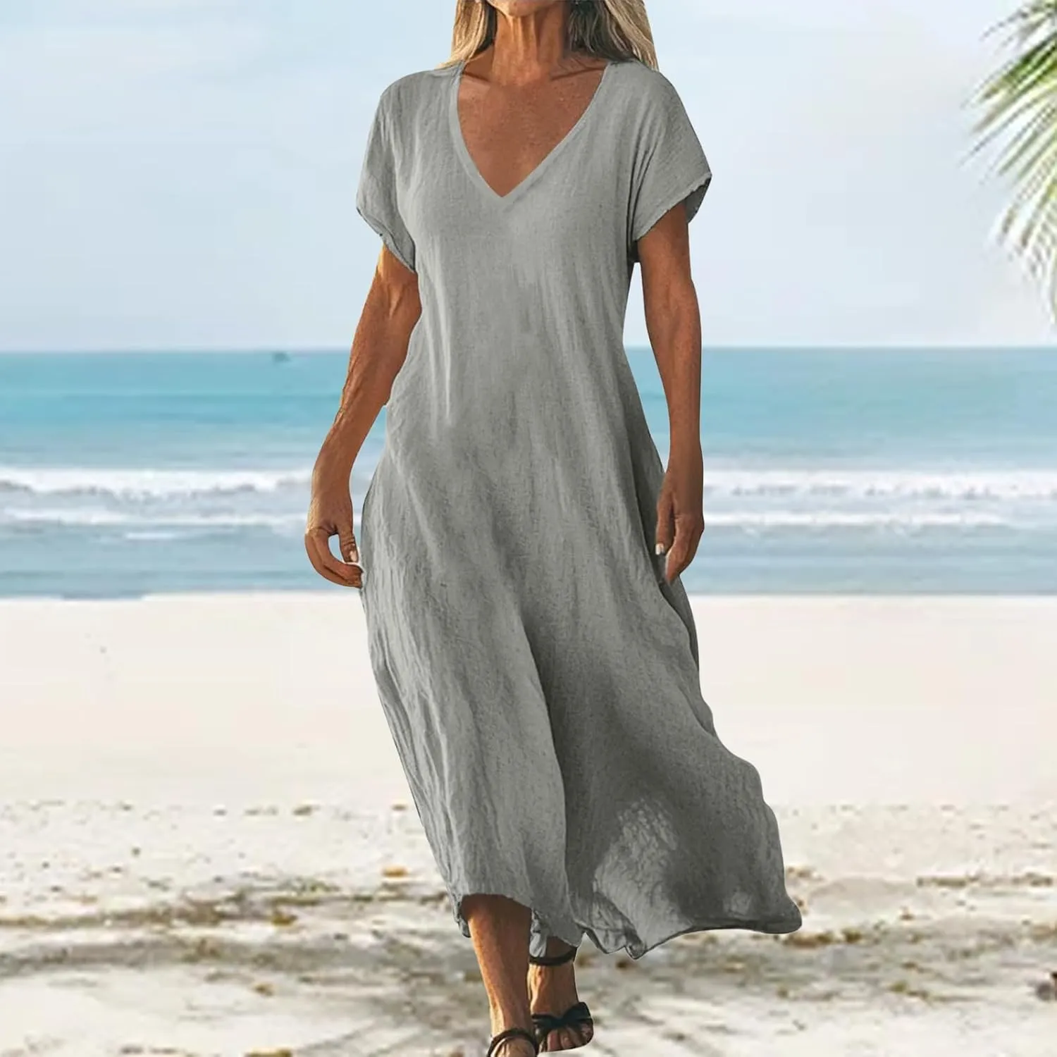 Womens Summer V Neck Short Sleeve Dresses Loose Boho Beach Flowy Midi Dress Lightweight Sundresses