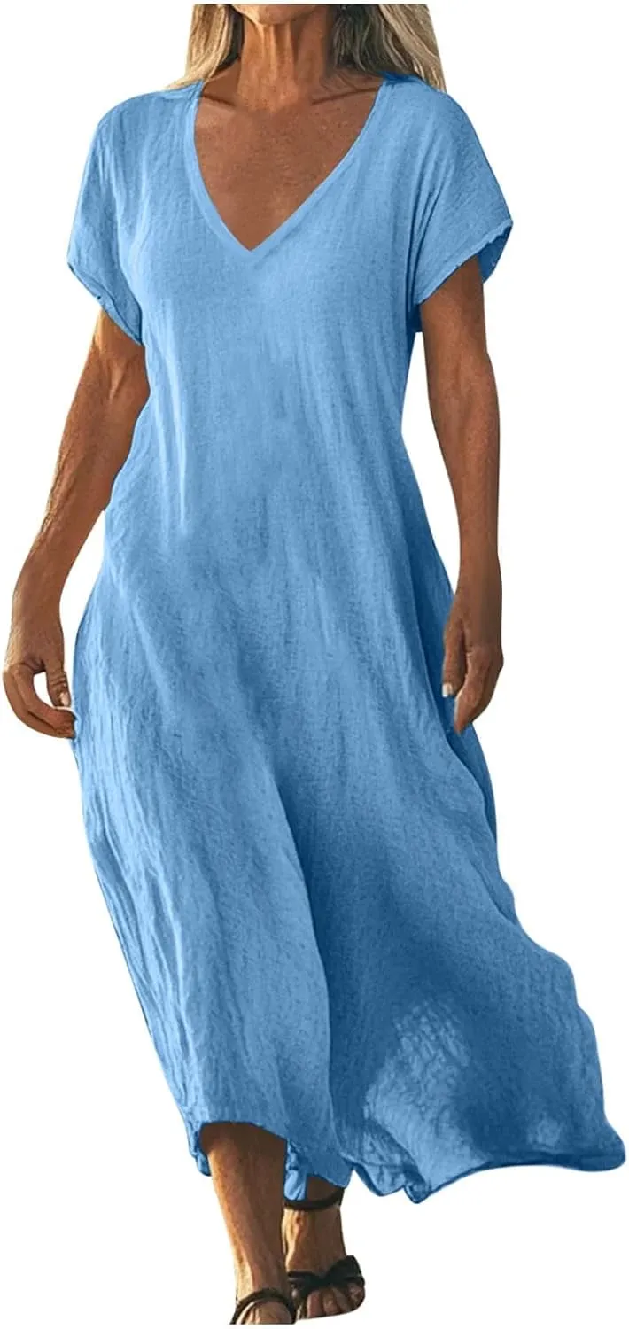 Womens Summer V Neck Short Sleeve Dresses Loose Boho Beach Flowy Midi Dress Lightweight Sundresses