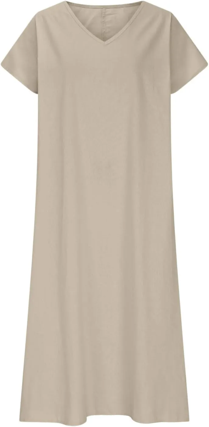 Womens Summer V Neck Short Sleeve Dresses Loose Boho Beach Flowy Midi Dress Lightweight Sundresses