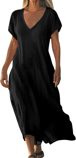 Womens Summer V Neck Short Sleeve Dresses Loose Boho Beach Flowy Midi Dress Lightweight Sundresses
