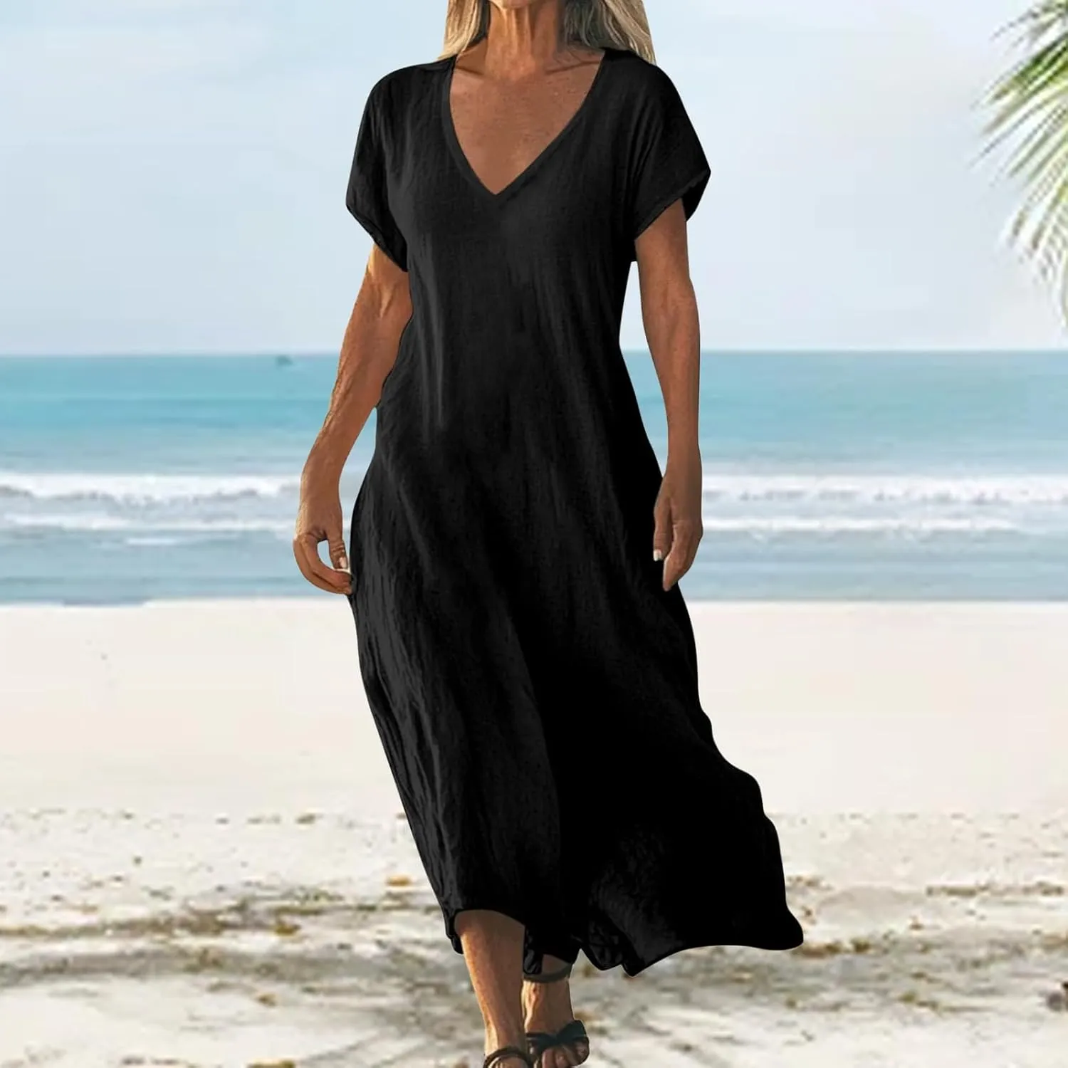 Womens Summer V Neck Short Sleeve Dresses Loose Boho Beach Flowy Midi Dress Lightweight Sundresses