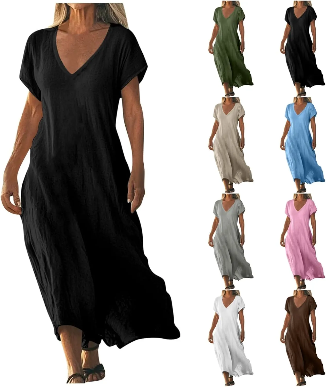 Womens Summer V Neck Short Sleeve Dresses Loose Boho Beach Flowy Midi Dress Lightweight Sundresses