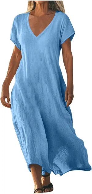 Womens Summer V Neck Short Sleeve Dresses Loose Boho Beach Flowy Midi Dress Lightweight Sundresses
