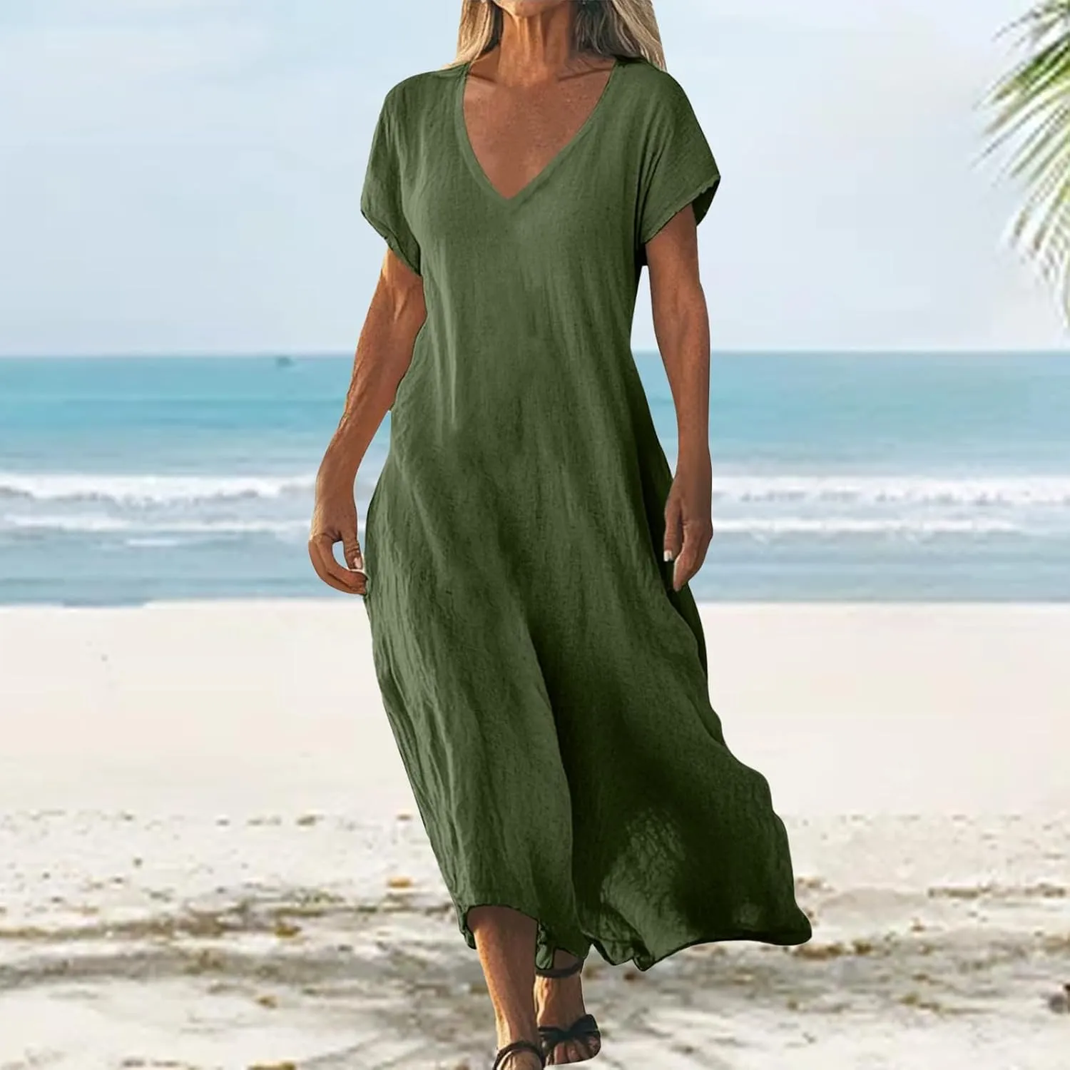 Womens Summer V Neck Short Sleeve Dresses Loose Boho Beach Flowy Midi Dress Lightweight Sundresses