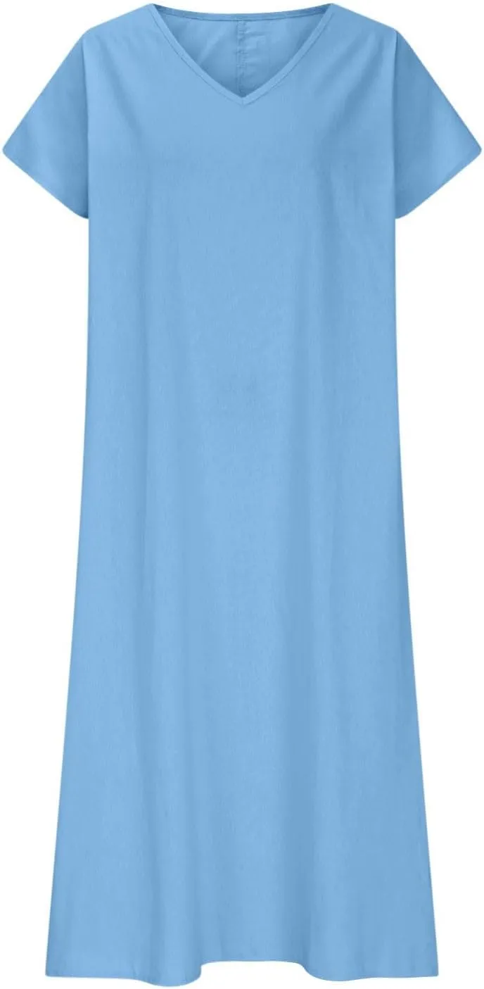 Womens Summer V Neck Short Sleeve Dresses Loose Boho Beach Flowy Midi Dress Lightweight Sundresses