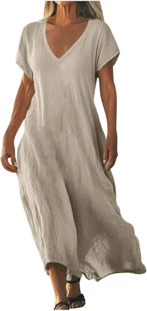 Womens Summer V Neck Short Sleeve Dresses Loose Boho Beach Flowy Midi Dress Lightweight Sundresses