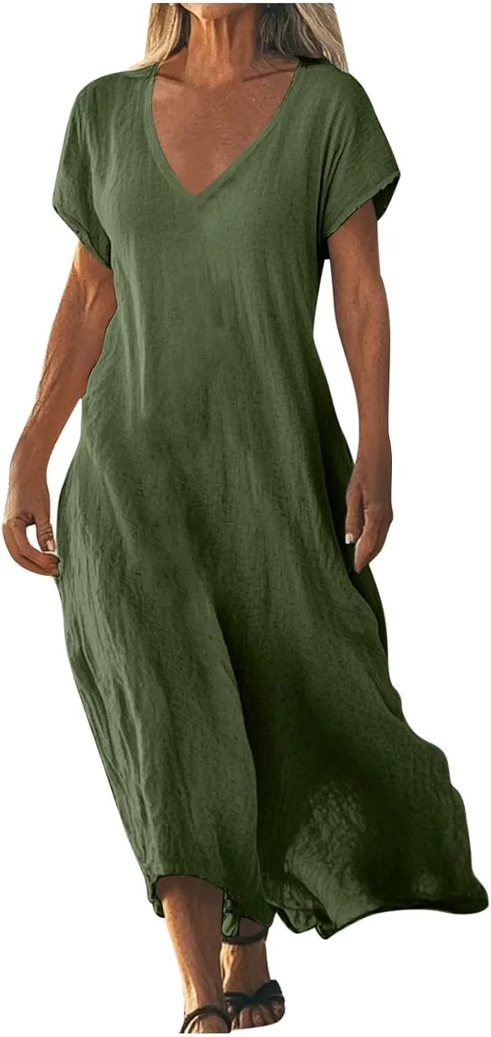 Womens Summer V Neck Short Sleeve Dresses Loose Boho Beach Flowy Midi Dress Lightweight Sundresses