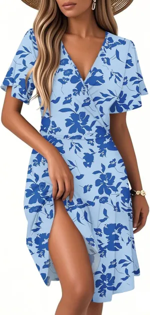 Womens Sundress 2025 Spring Summer Floral Outfits Beach Vacation Clothes Short Sleeve Wrap V Neck A-Line Knee Length Dress