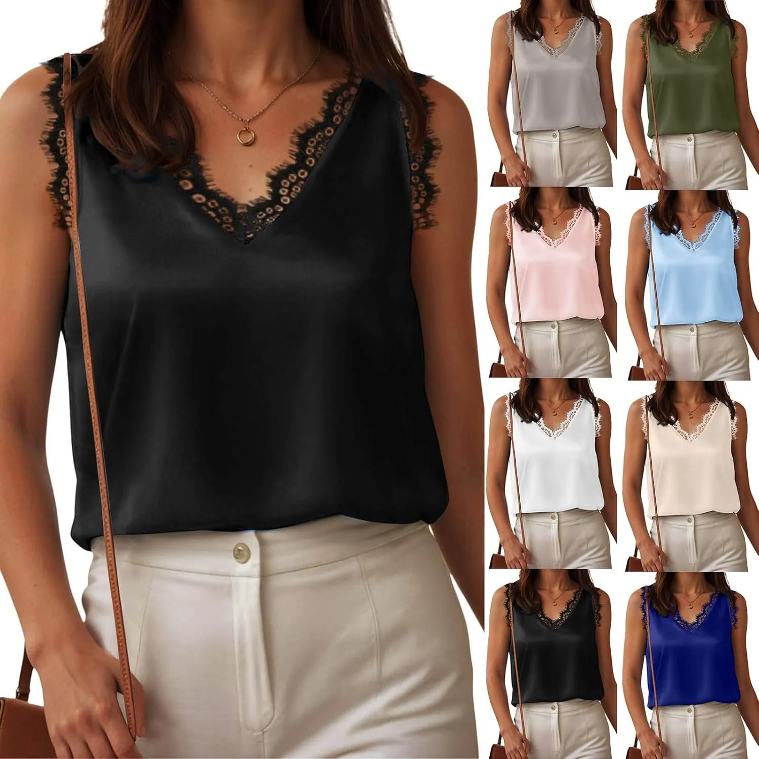 Womens Tank Tops Loose Fit Lace Trim Tank Tops V Neck Sleeveless Shirts 2025 Summer Casual Trendy Dressy Cami Top