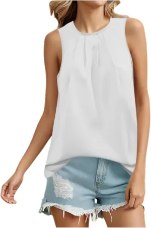 Women's Tank Tops Summer Solid Color Crewneck Sleeveless Pleated Blouse Casual Fashion Loose Fit Dressy Tunic Shirts