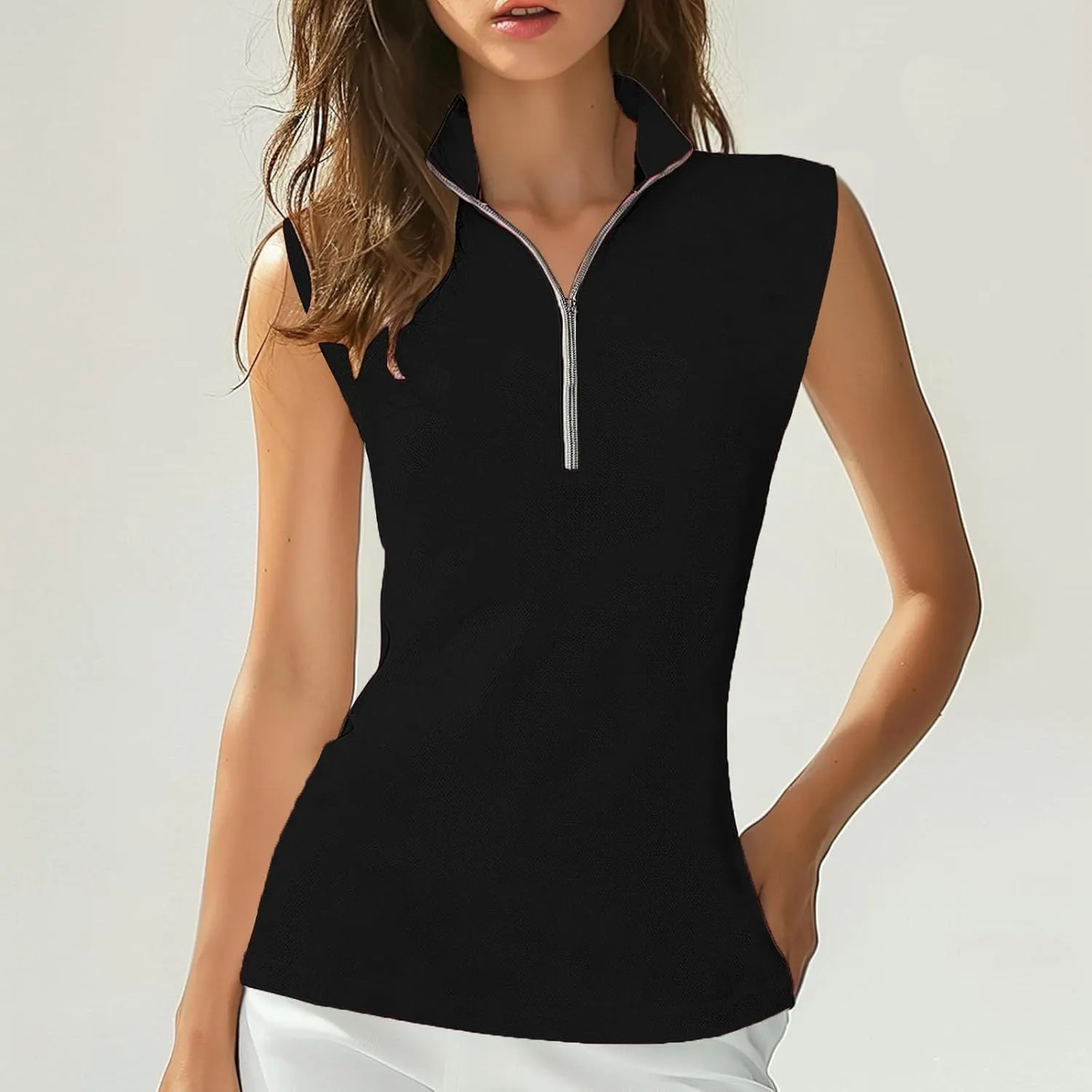 Womens Tank Tops Zipper V Neck Sleeveless Shirts Dressy Casual Summer Golf Tennis Shirts Going Out Y2k Streetwear