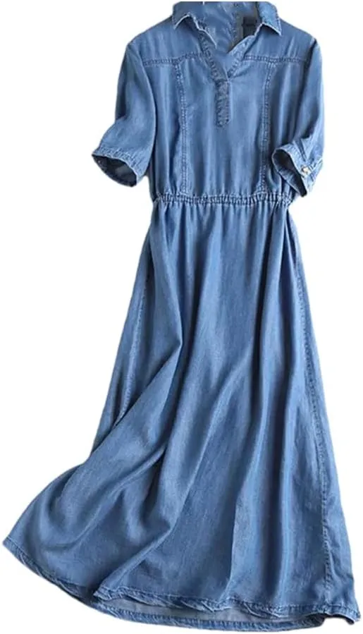 Women's Thin Denim Dress Summer Solid Short Sleeve Dresses French Shift Dress