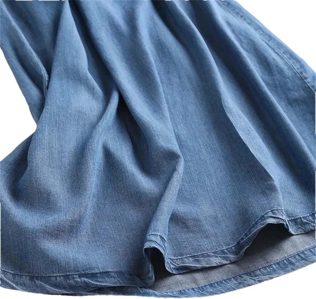 Women's Thin Denim Dress Summer Solid Short Sleeve Dresses French Shift Dress