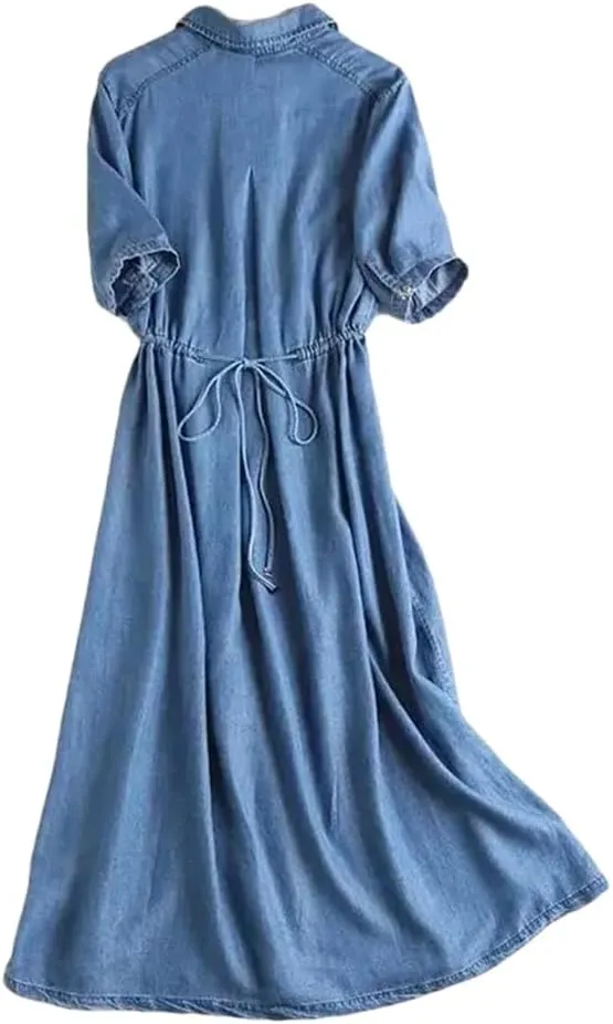 Women's Thin Denim Dress Summer Solid Short Sleeve Dresses French Shift Dress