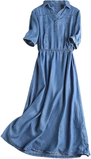 Women's Thin Denim Dress Summer Solid Short Sleeve Dresses French Shift Dress