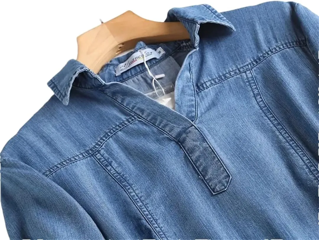 Women's Thin Denim Dress Summer Solid Short Sleeve Dresses French Shift Dress