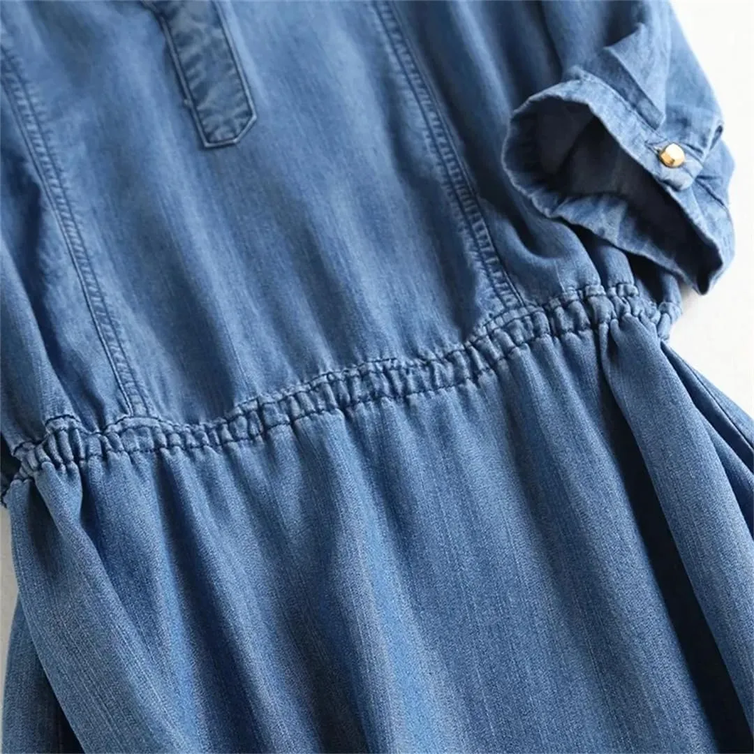 Women's Thin Denim Dress Summer Solid Short Sleeve Dresses French Shift Dress