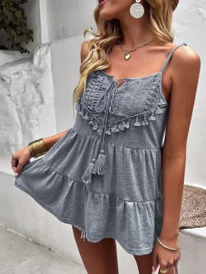 Women's Tops Sexy Tops for Women Shirts Tassel Trim Contrast Lace Peplum Cami Top Shirts for Women (Color : Gray, Size : Large)