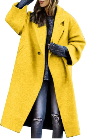 Women's Trendy Fall Winter Trench Coats Plain Woolen Coats Windbreaker Cardigan Button Pocket Long Overcoat