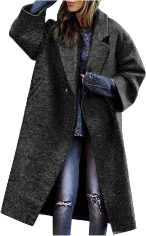Women's Trendy Fall Winter Trench Coats Plain Woolen Coats Windbreaker Cardigan Button Pocket Long Overcoat