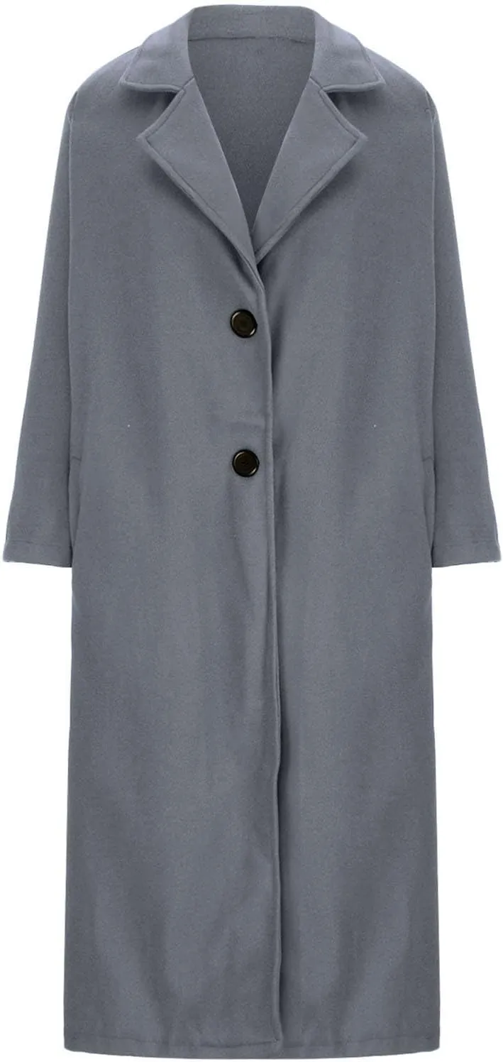 Women's Trendy Fall Winter Trench Coats Plain Woolen Coats Windbreaker Cardigan Button Pocket Long Overcoat