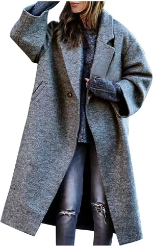 Women's Trendy Fall Winter Trench Coats Plain Woolen Coats Windbreaker Cardigan Button Pocket Long Overcoat