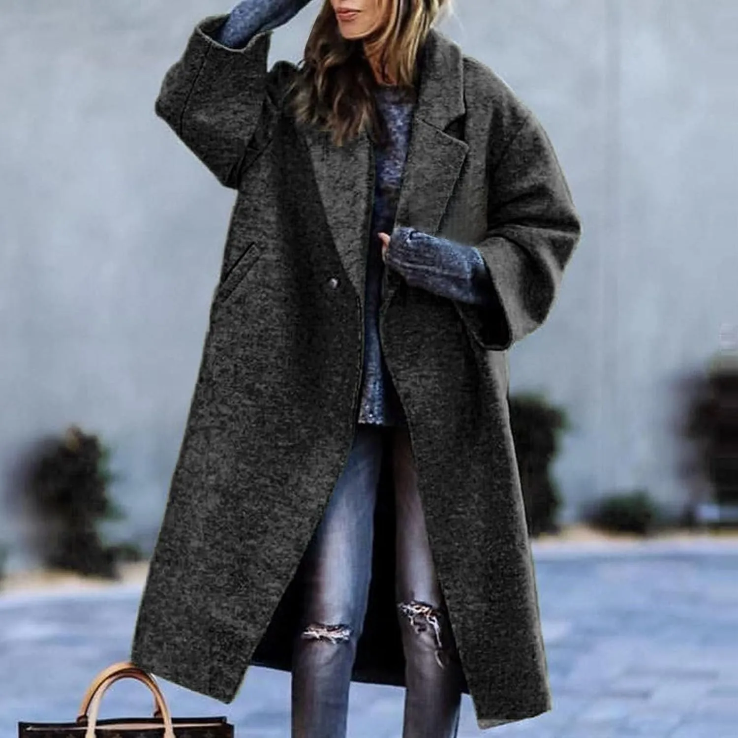 Women's Trendy Fall Winter Trench Coats Plain Woolen Coats Windbreaker Cardigan Button Pocket Long Overcoat