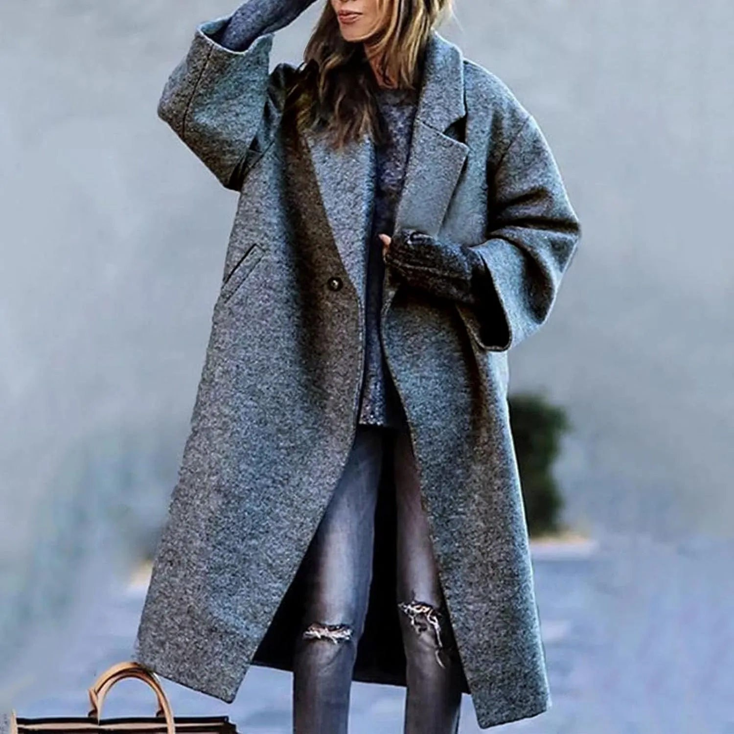 Women's Trendy Fall Winter Trench Coats Plain Woolen Coats Windbreaker Cardigan Button Pocket Long Overcoat