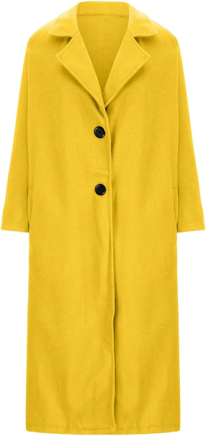 Women's Trendy Fall Winter Trench Coats Plain Woolen Coats Windbreaker Cardigan Button Pocket Long Overcoat