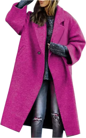 Women's Trendy Fall Winter Trench Coats Plain Woolen Coats Windbreaker Cardigan Button Pocket Long Overcoat