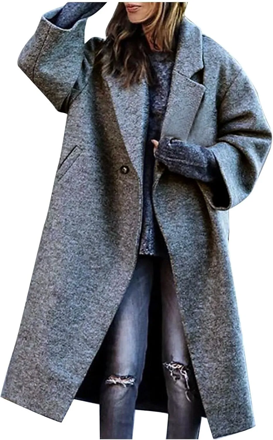 Women's Trendy Fall Winter Trench Coats Plain Woolen Coats Windbreaker Cardigan Button Pocket Long Overcoat