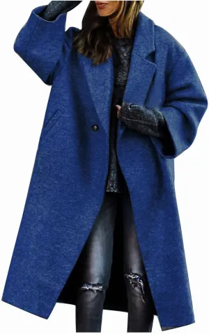 Women's Trendy Fall Winter Trench Coats Plain Woolen Coats Windbreaker Cardigan Button Pocket Long Overcoat