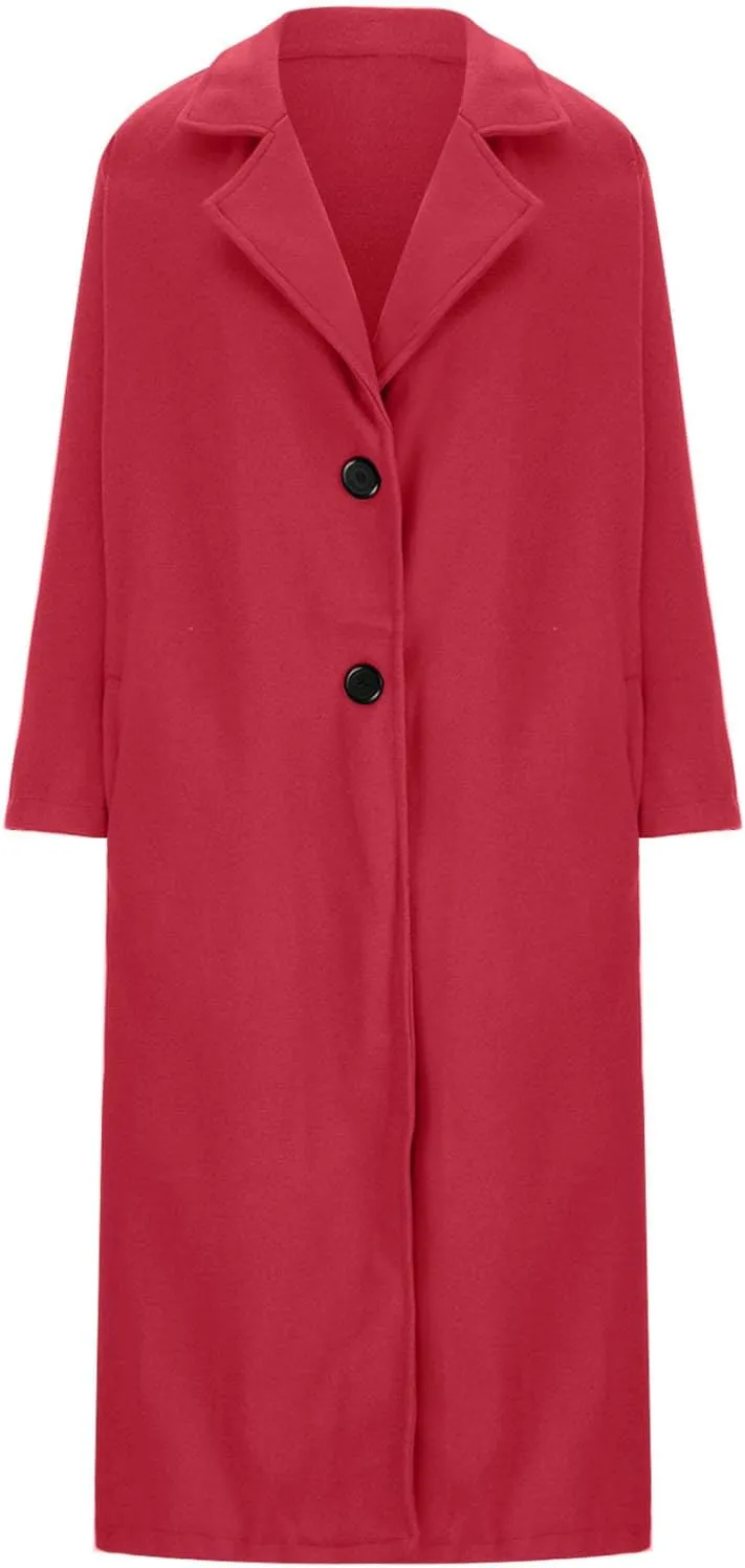Women's Trendy Fall Winter Trench Coats Plain Woolen Coats Windbreaker Cardigan Button Pocket Long Overcoat