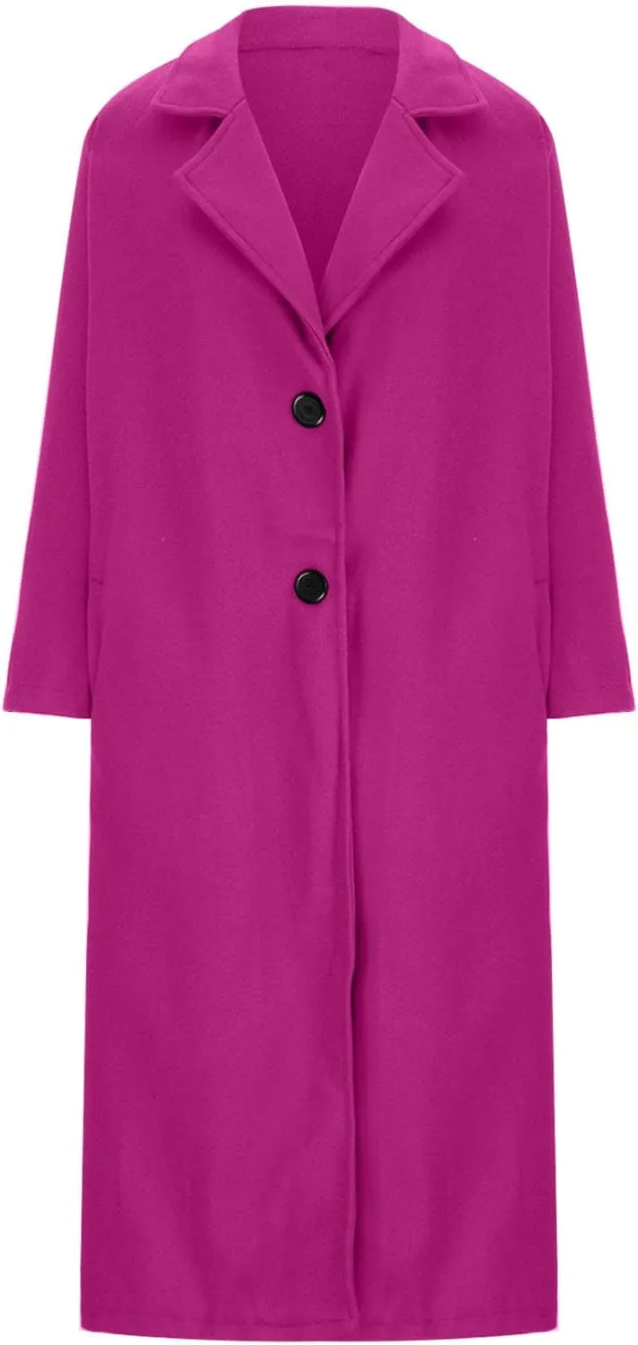 Women's Trendy Fall Winter Trench Coats Plain Woolen Coats Windbreaker Cardigan Button Pocket Long Overcoat