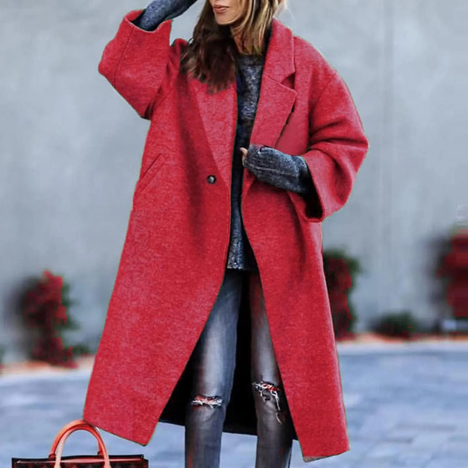 Women's Trendy Fall Winter Trench Coats Plain Woolen Coats Windbreaker Cardigan Button Pocket Long Overcoat