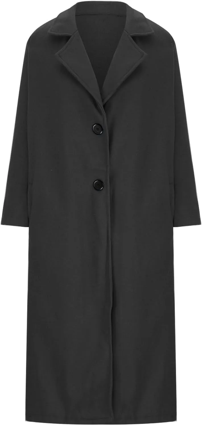 Women's Trendy Fall Winter Trench Coats Plain Woolen Coats Windbreaker Cardigan Button Pocket Long Overcoat