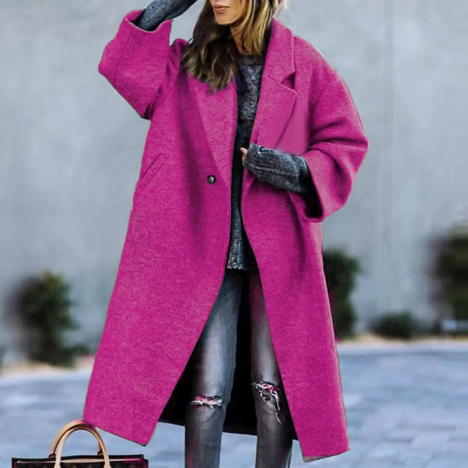 Women's Trendy Fall Winter Trench Coats Plain Woolen Coats Windbreaker Cardigan Button Pocket Long Overcoat