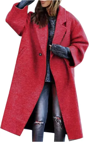 Women's Trendy Fall Winter Trench Coats Plain Woolen Coats Windbreaker Cardigan Button Pocket Long Overcoat