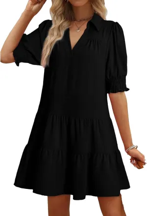 Womens Trendy Ruffle Short Sleeve Dresses 2025 Summer V Neck Pleated Flowy Tiered Mini Beach Dress