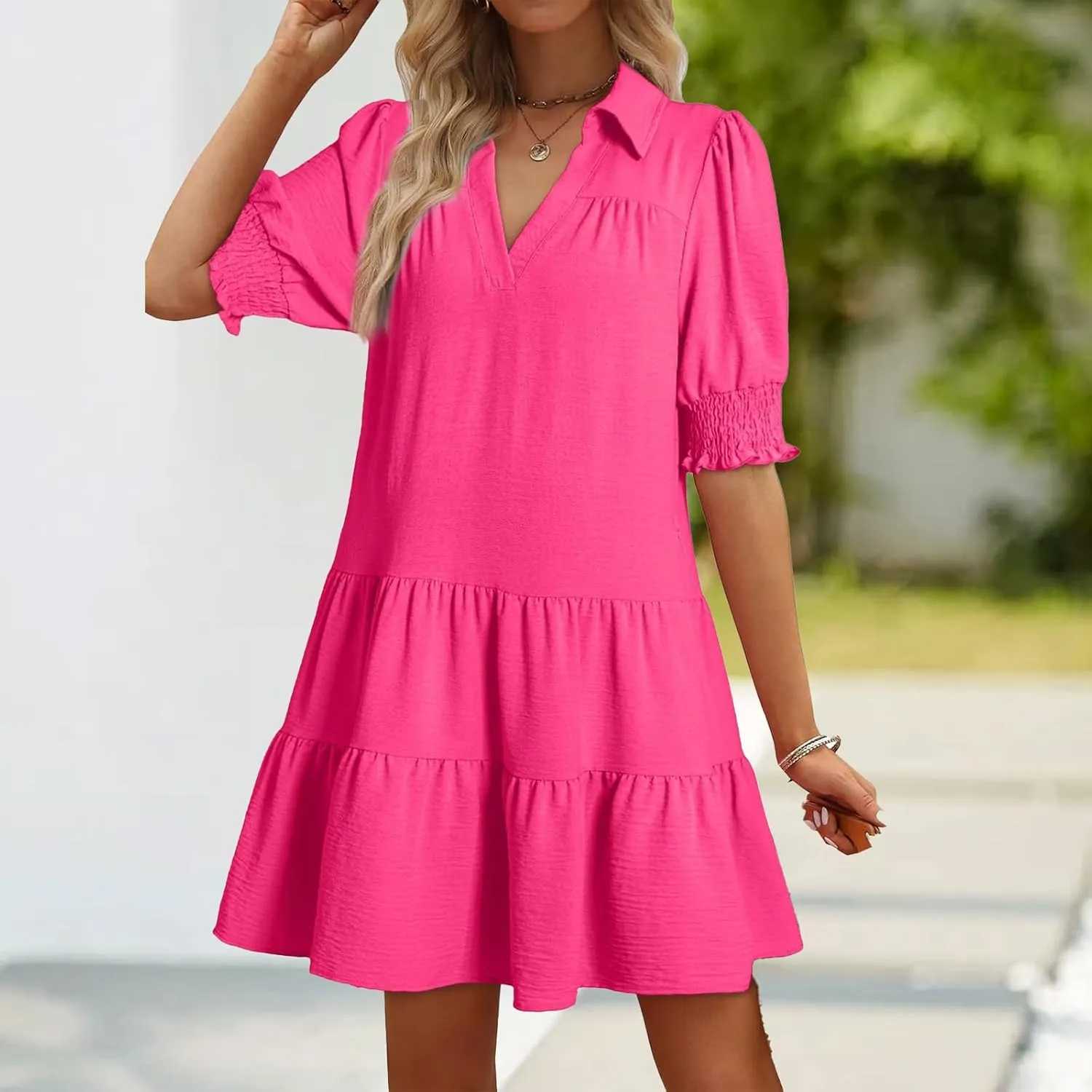 Womens Trendy Ruffle Short Sleeve Dresses 2025 Summer V Neck Pleated Flowy Tiered Mini Beach Dress