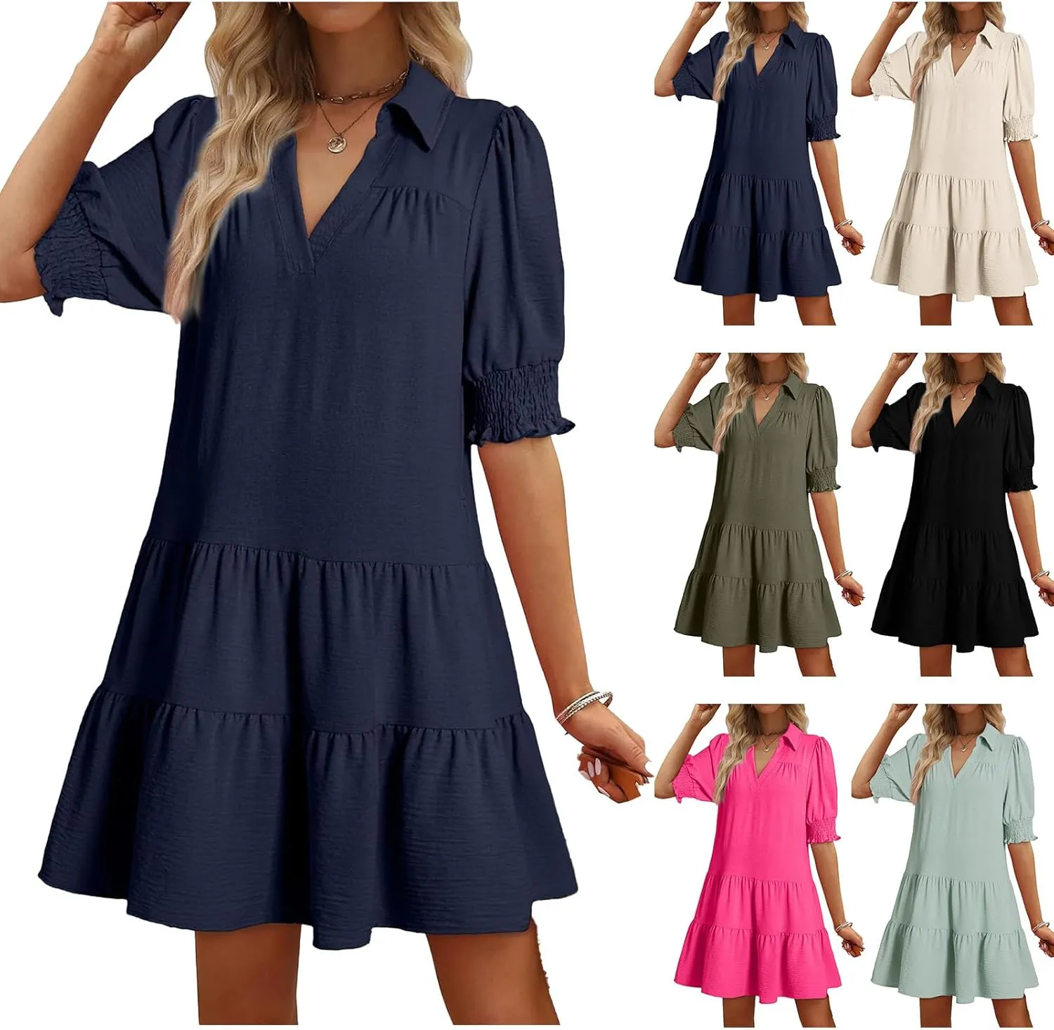 Womens Trendy Ruffle Short Sleeve Dresses 2025 Summer V Neck Pleated Flowy Tiered Mini Beach Dress