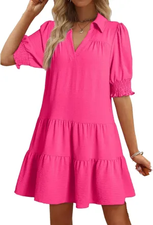 Womens Trendy Ruffle Short Sleeve Dresses 2025 Summer V Neck Pleated Flowy Tiered Mini Beach Dress
