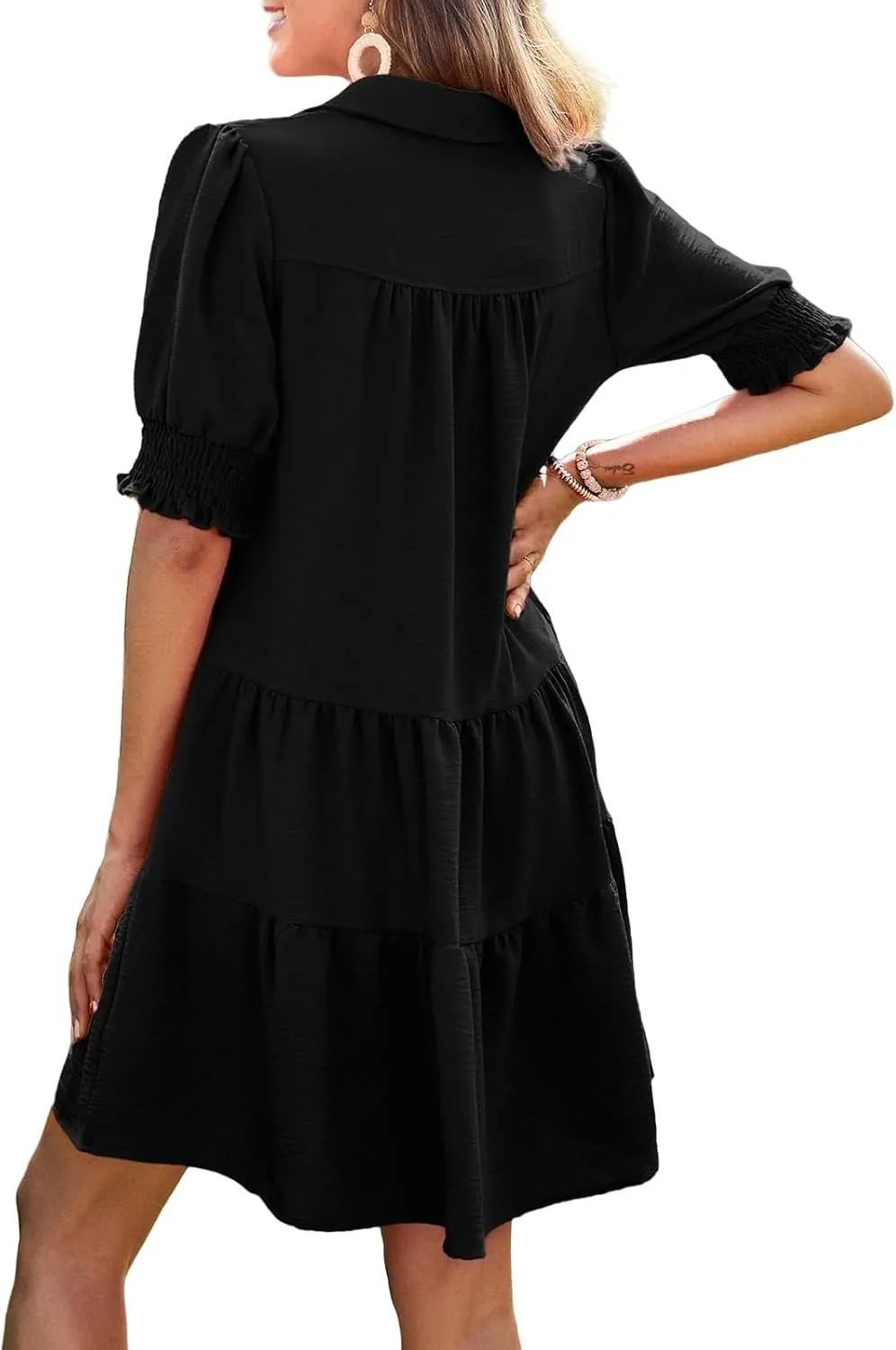Womens Trendy Ruffle Short Sleeve Dresses 2025 Summer V Neck Pleated Flowy Tiered Mini Beach Dress