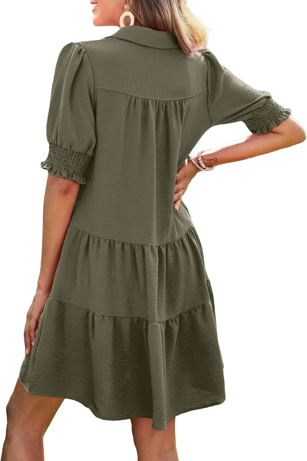 Womens Trendy Ruffle Short Sleeve Dresses 2025 Summer V Neck Pleated Flowy Tiered Mini Beach Dress