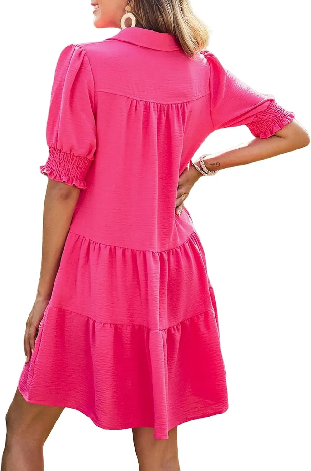 Womens Trendy Ruffle Short Sleeve Dresses 2025 Summer V Neck Pleated Flowy Tiered Mini Beach Dress