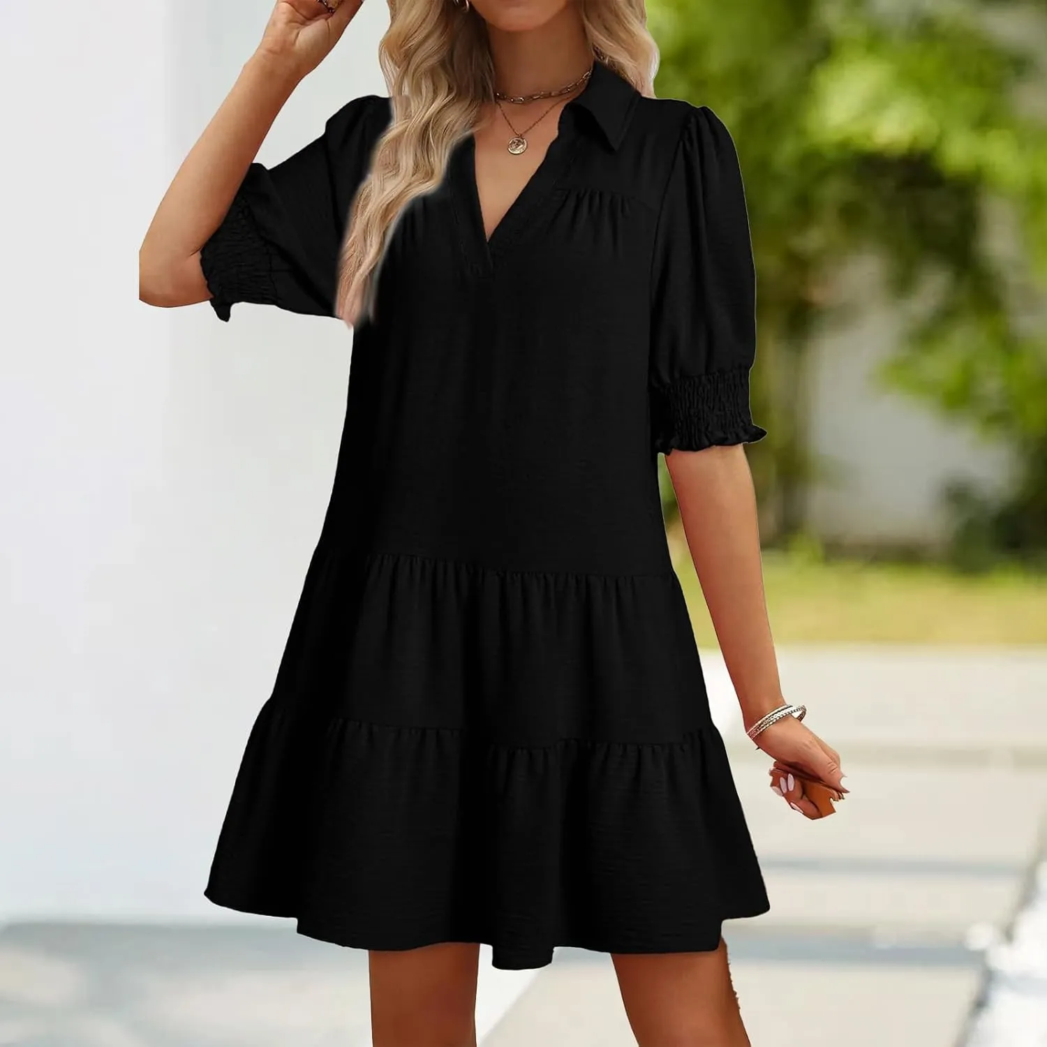 Womens Trendy Ruffle Short Sleeve Dresses 2025 Summer V Neck Pleated Flowy Tiered Mini Beach Dress