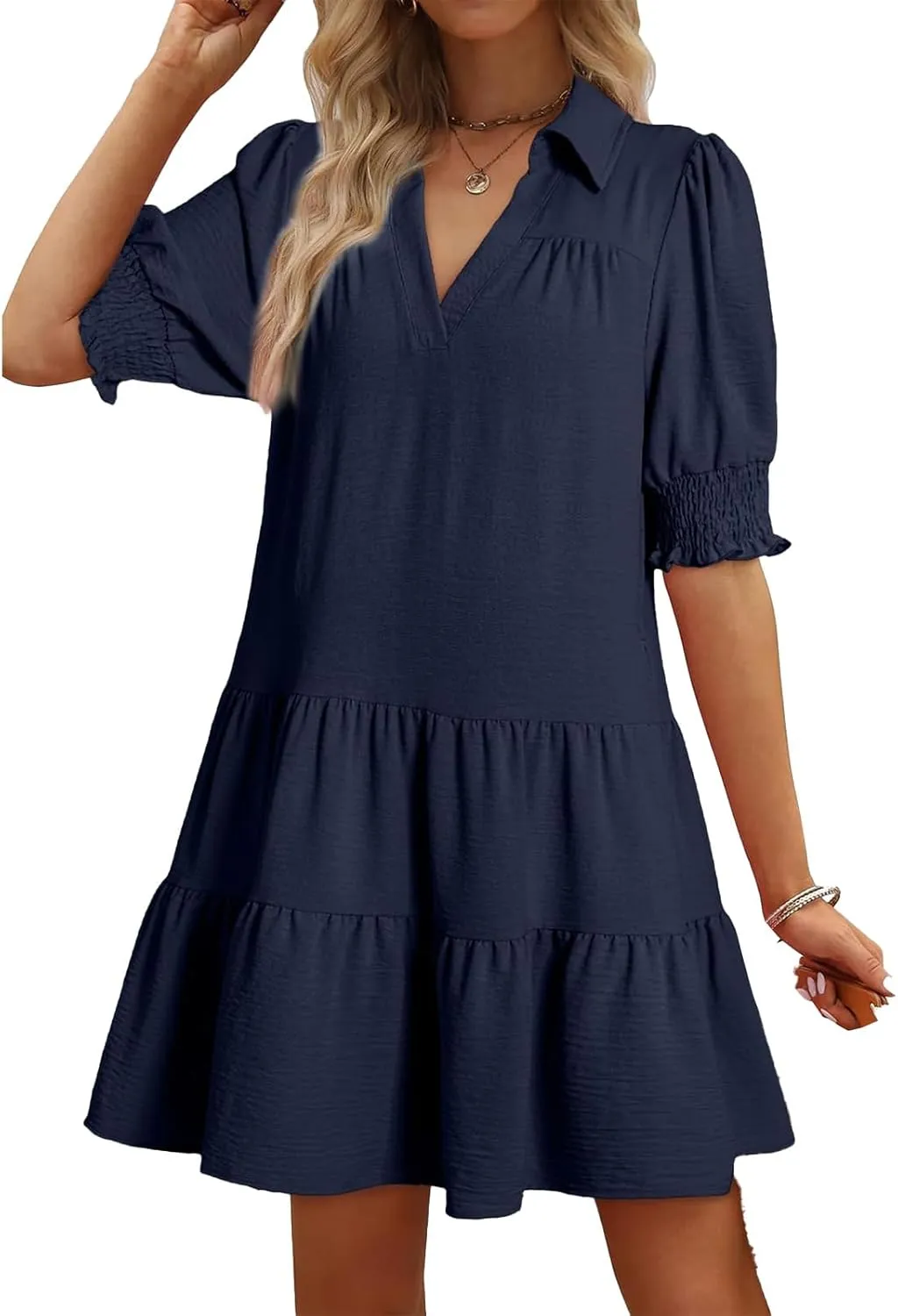 Womens Trendy Ruffle Short Sleeve Dresses 2025 Summer V Neck Pleated Flowy Tiered Mini Beach Dress