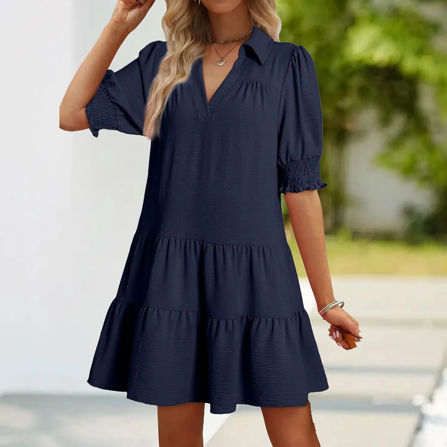 Womens Trendy Ruffle Short Sleeve Dresses 2025 Summer V Neck Pleated Flowy Tiered Mini Beach Dress